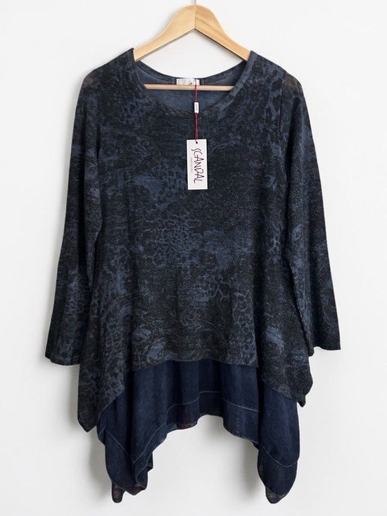 NWT Scandal Italy Mixed Media Animal Print Tunic Top Sz M Swing Hem Grey Blue