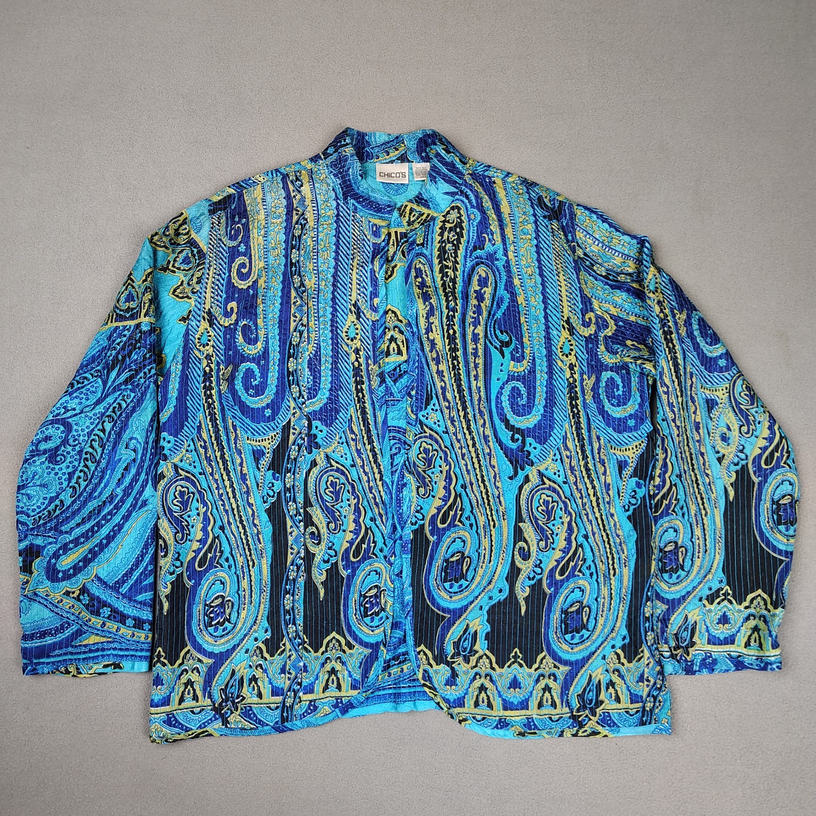 Chicos 100% Silk Open Front Cardigan Blouse Women 2 Blue Paisley Mandarin Collar