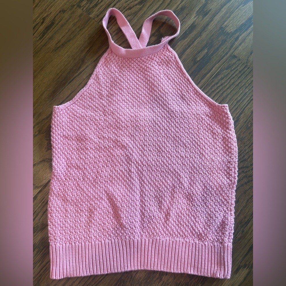 525 America Pink Cotton Popcorn Knit Halter Top Medium Crisscross Back Tank