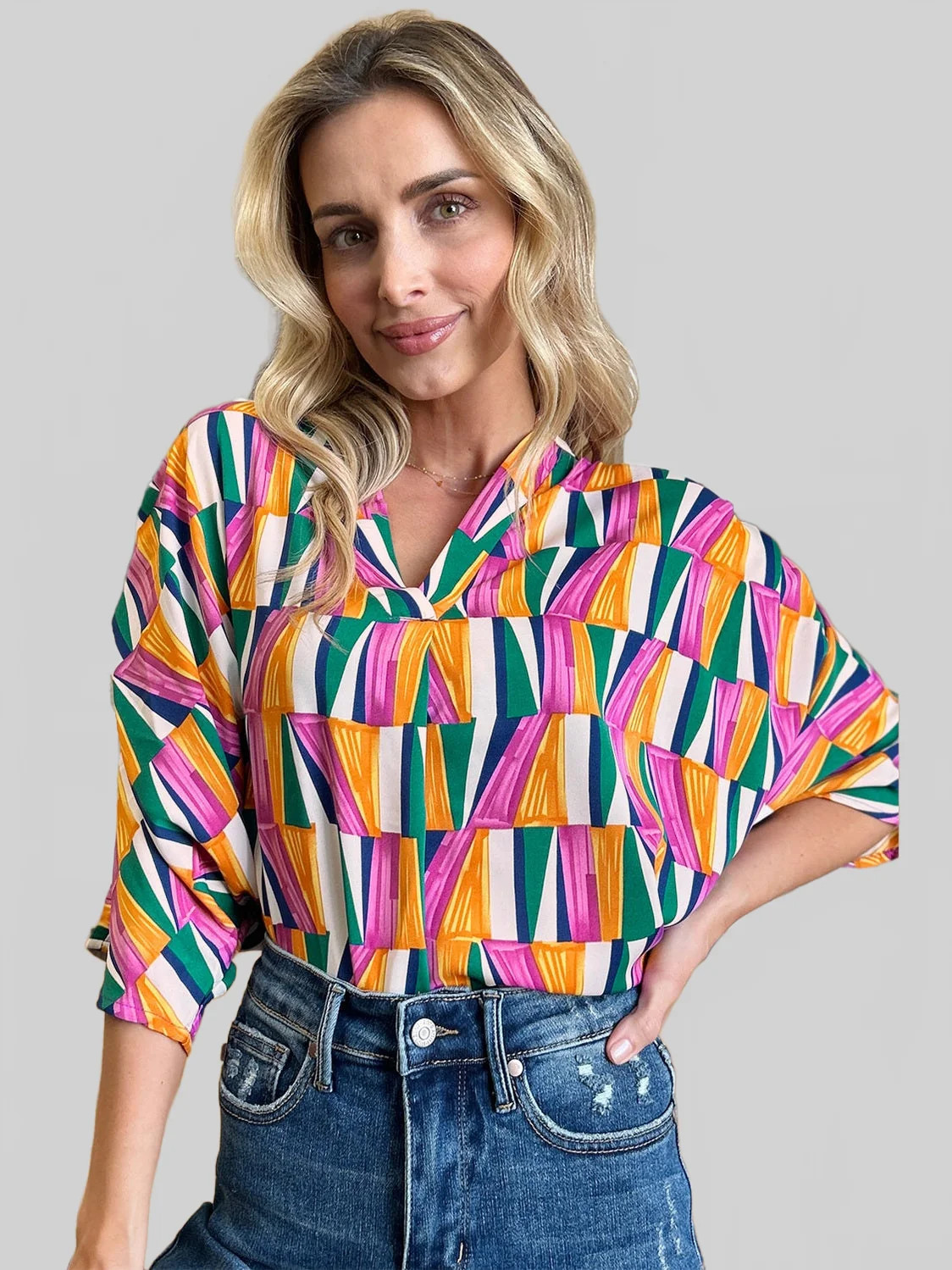 Women Double Take Full Size Geometric Notched Dolman Sleeve Top