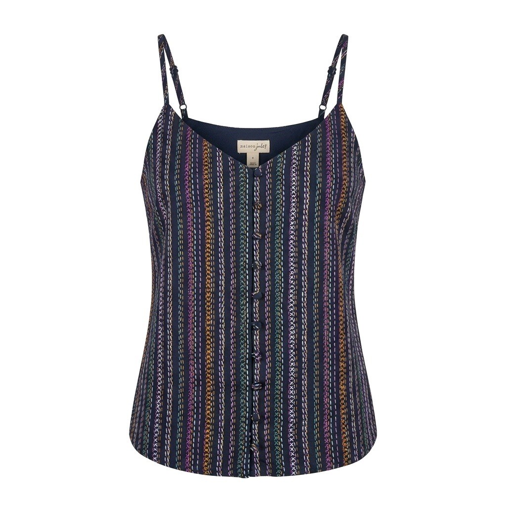 Maison Jules Womens Navy Multi-Color Embroidered Stripe Button Front Cami Top S