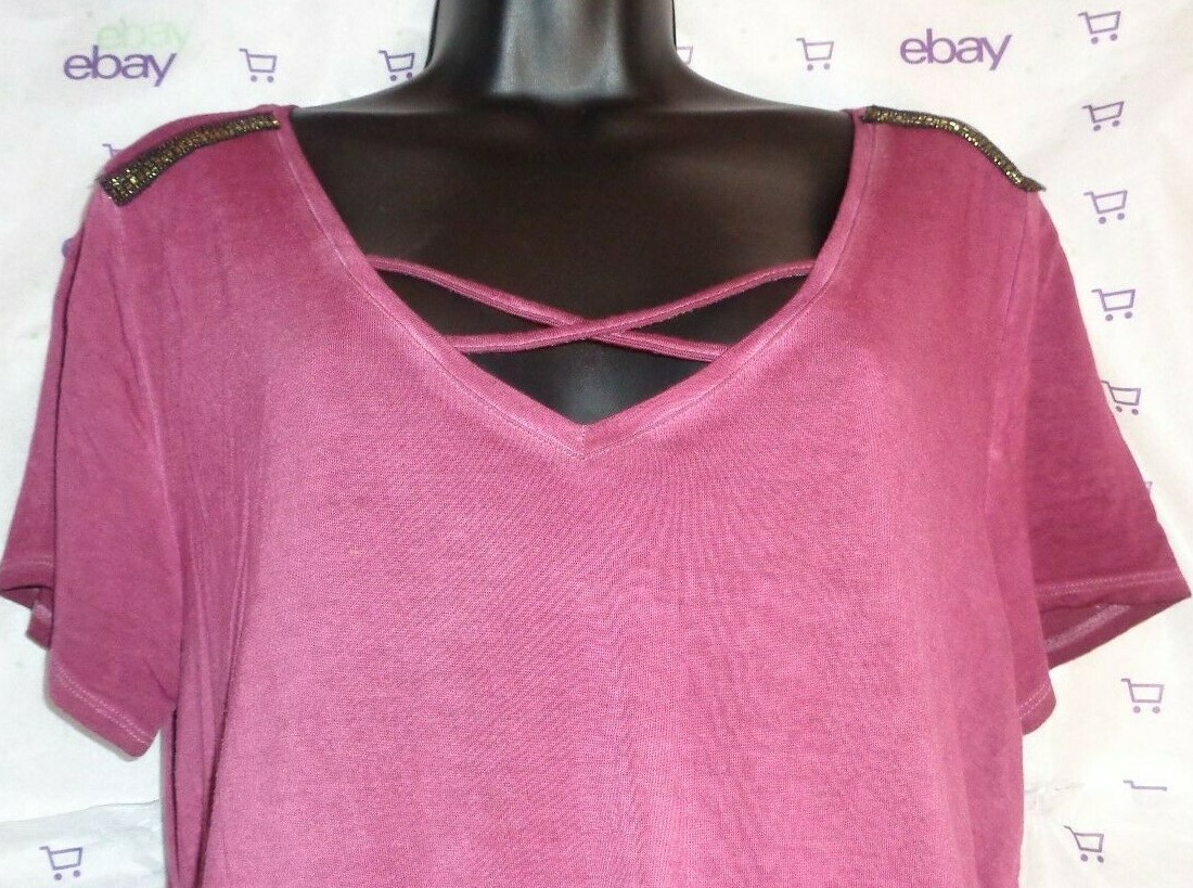 New $68 Seven7 embellished shoulder small blouse taper bottom strap v neck top