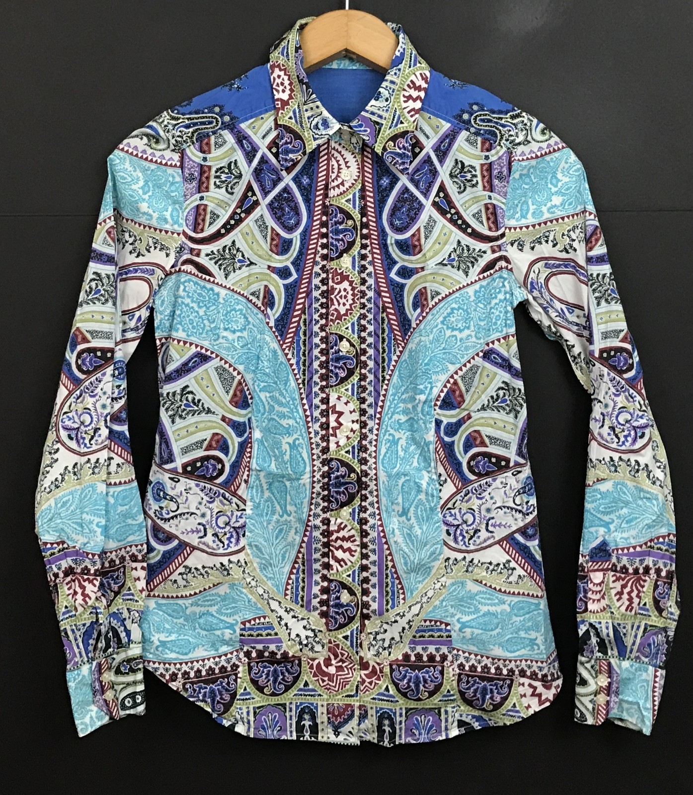 ETRO Women’s Blue Paisley Print Stretch Cotton Shirt Made in Italy Size 42