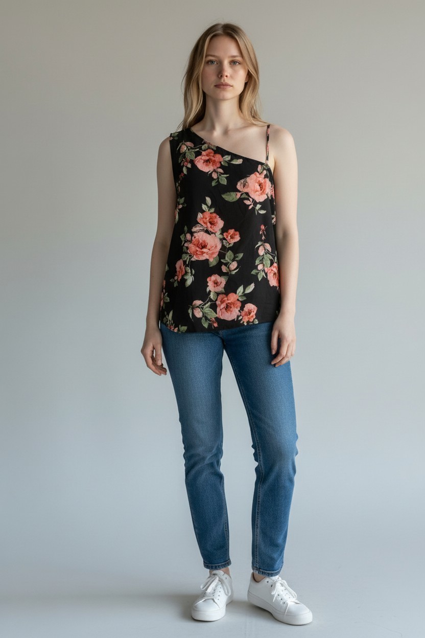 Seven Sisters Womens Floral Black One-Shoulder Top Adjustable Strap Large NWT