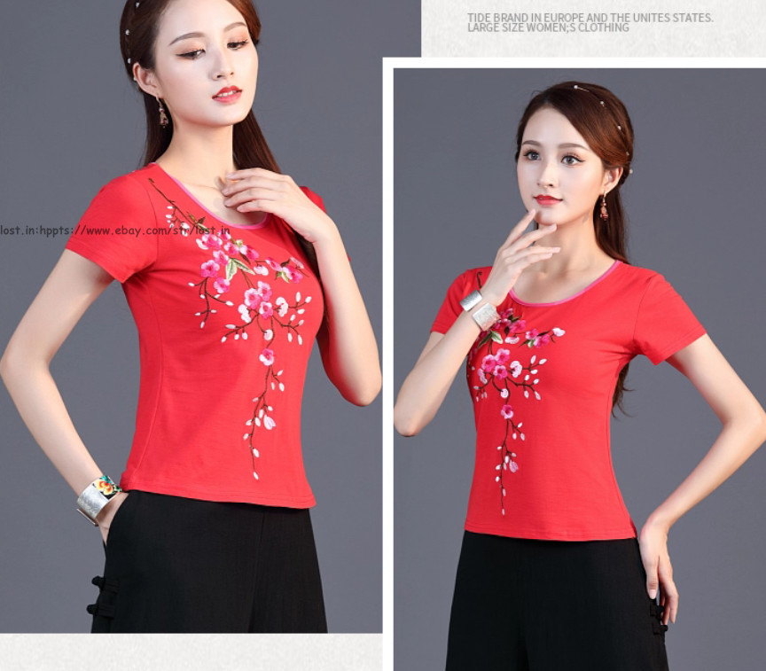 Summer Chinese Style Women’s Short Sleeve Blouse Tops embroidery Ethnic T-Shirts