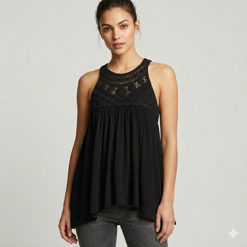 POL Crochet Lace Yoke Babydoll Halter Top Womens S Black Flowy Boho Whimsigoth