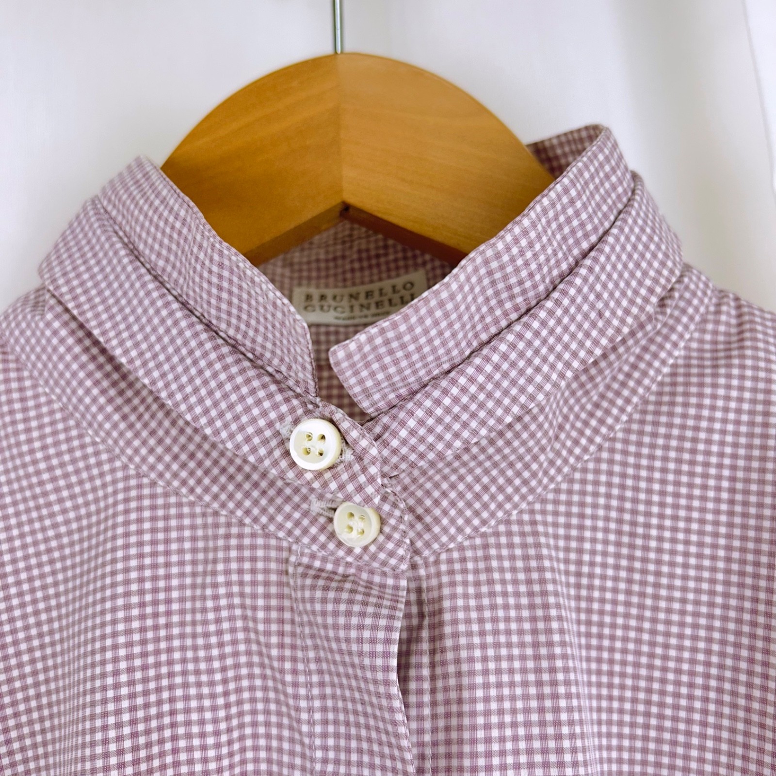 Brunello Cucinelli Slim Fit Shirt Button Detail Collar +Cuffs Mauve Gingham XL