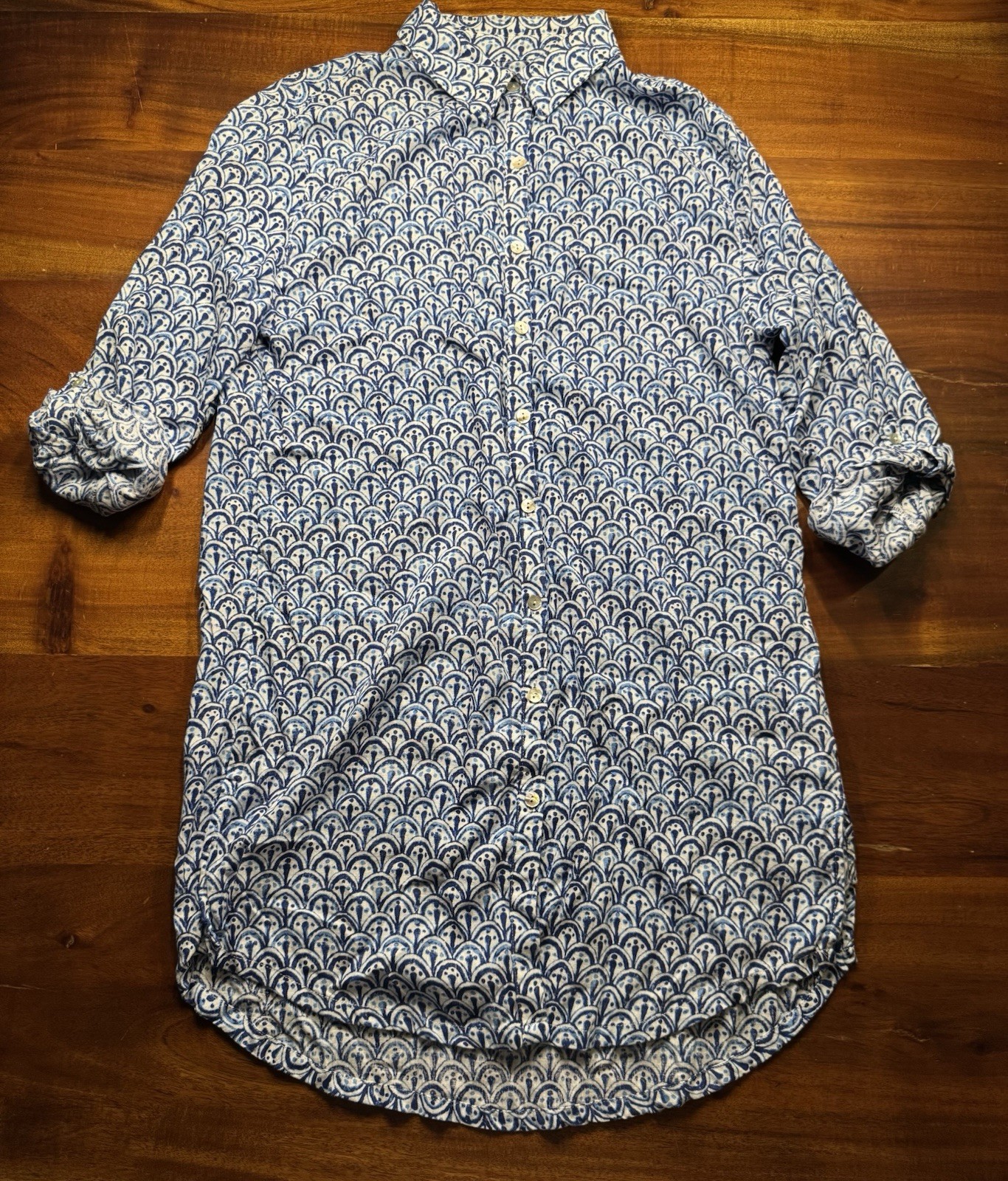 Sigrid Olsen Women’s Blue Geo Summer Resortwear Linen Button up Tunic Sz M