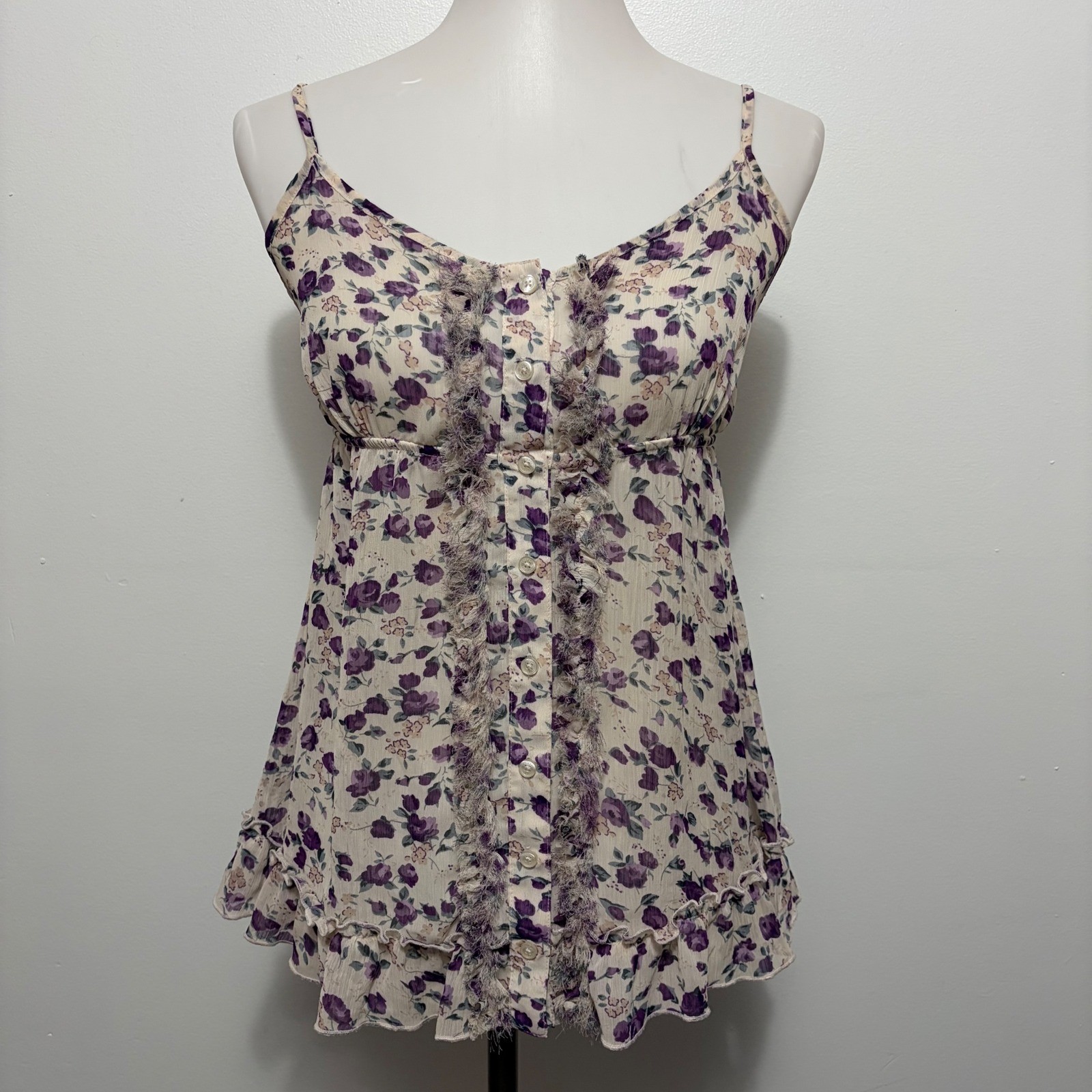 Express Floral Camisole Medium Purple Ruffle Fringe Smocked Babydoll Top Fairy