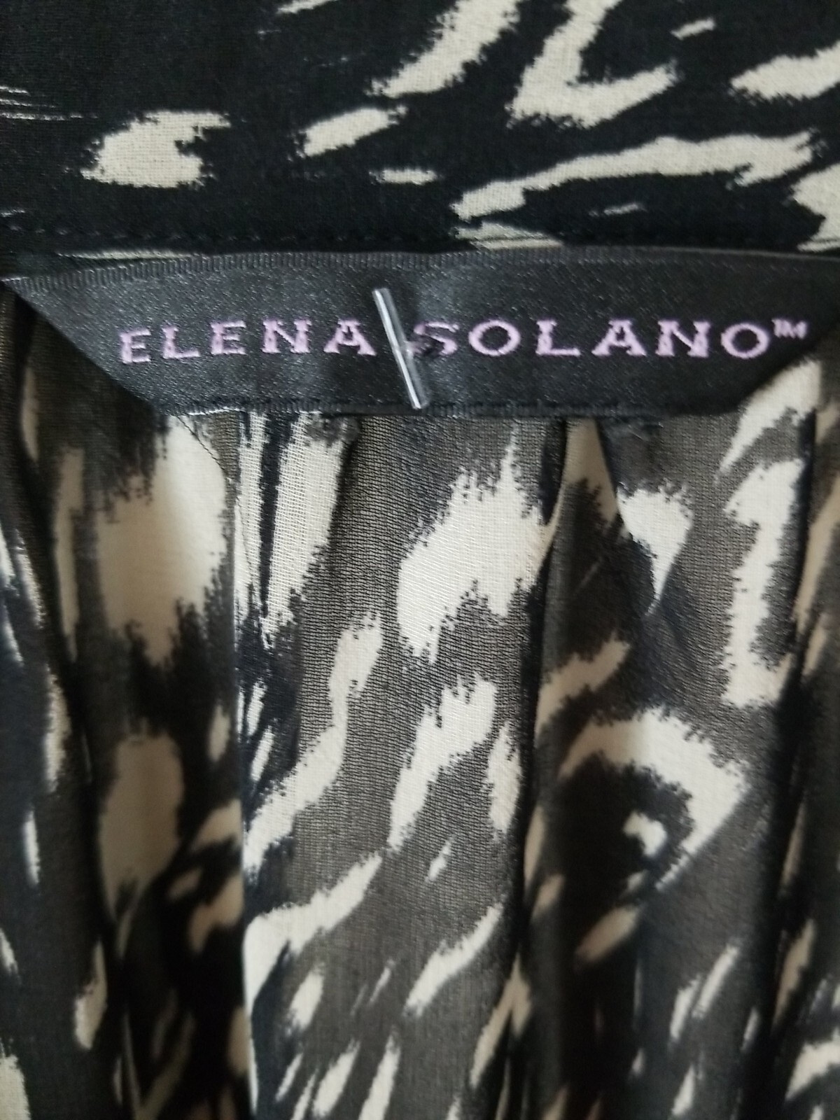 ELENA SOLANO Sheer Ruffle V Neck Printed Top Size L? Black Taupe Blouse
