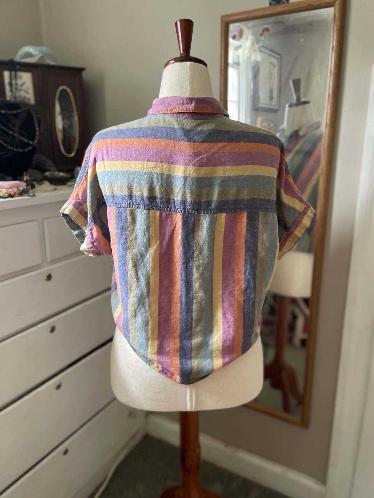 Madewell Linen Button-Down Tie-Front Short Sleeve Shirt Top Rainbow Striped S