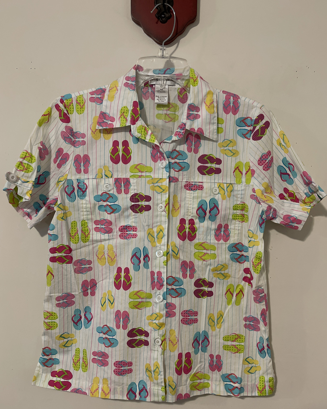 Drapers Damons Womens Petite Medium White Sandal Print Button-Up Blouse! A6008
