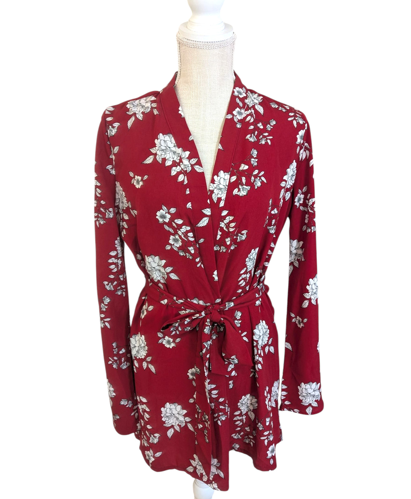 Guess Womens Red Floral Semi-Sheer Mid Length Belted Kimono Top Sz XS/S