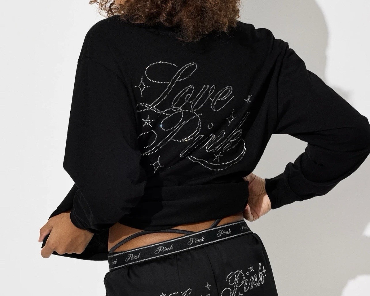 VS PINK LOVE WITH PINK BLING/RHINESTONES LOGO BLACK CAMPUS TEE SIZES XS-2XL NEW