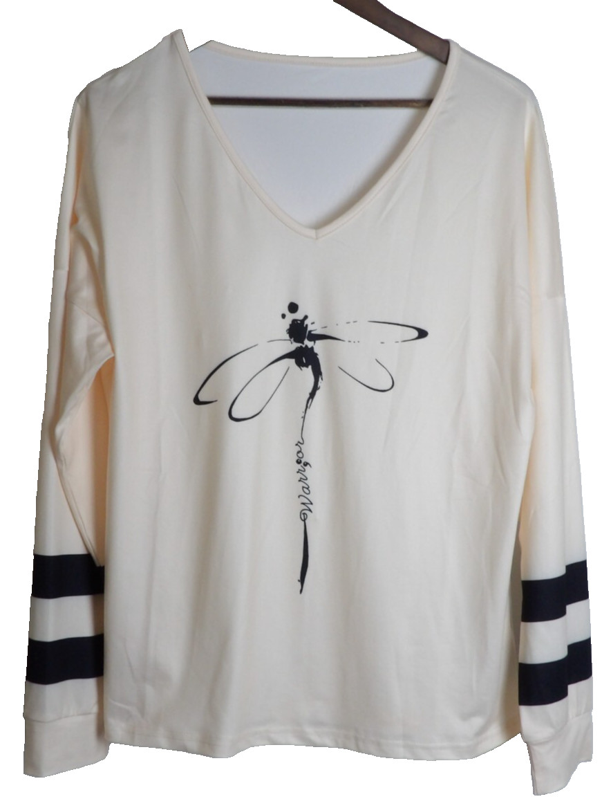 Ladies Long Sleeve Peach V Neck Over-Sized Top with Butterfly Accent NEW