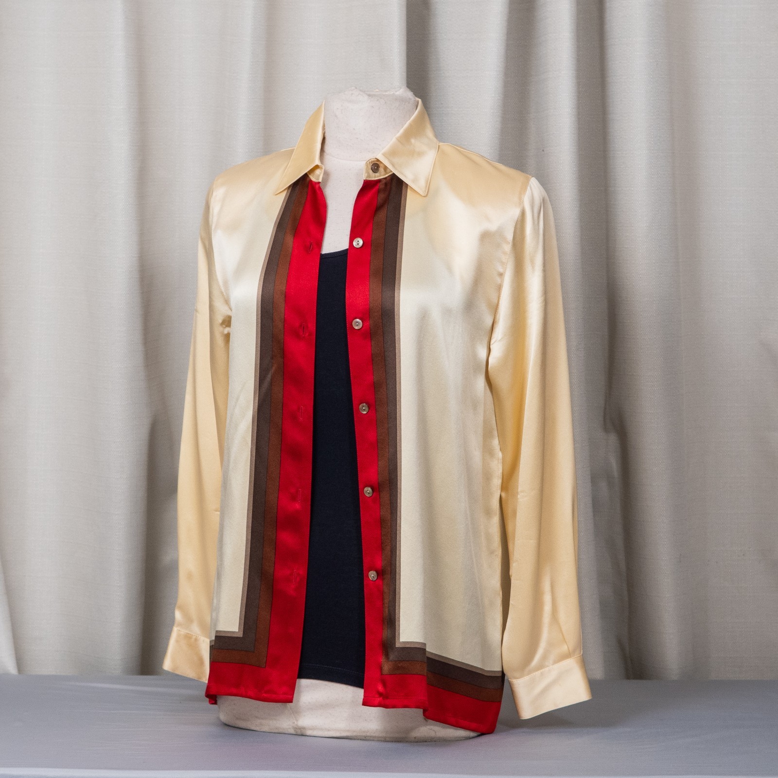 100% Silk Doncasters Women’s Button Up Ivory with Red Accents