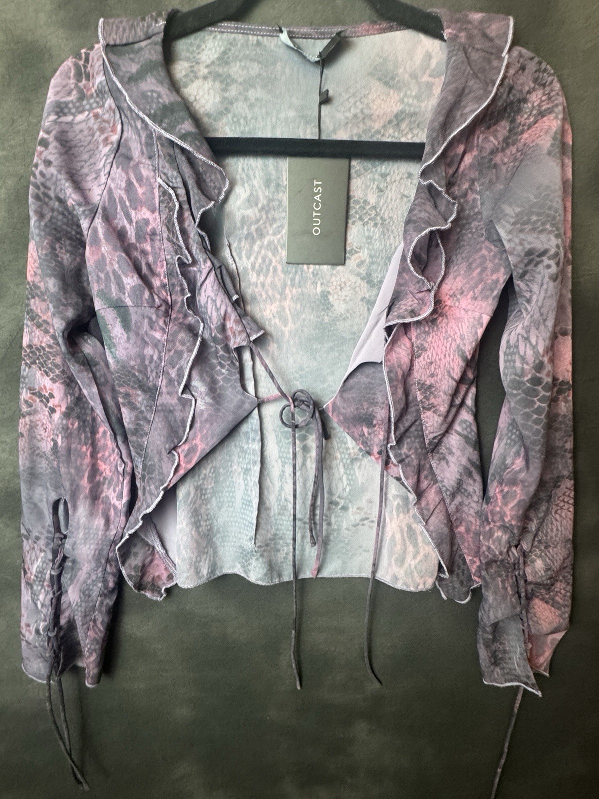 Outcast Clothing Snake Print Tie Front Top NWT Pink Grey Ruffle Mesh Y2K