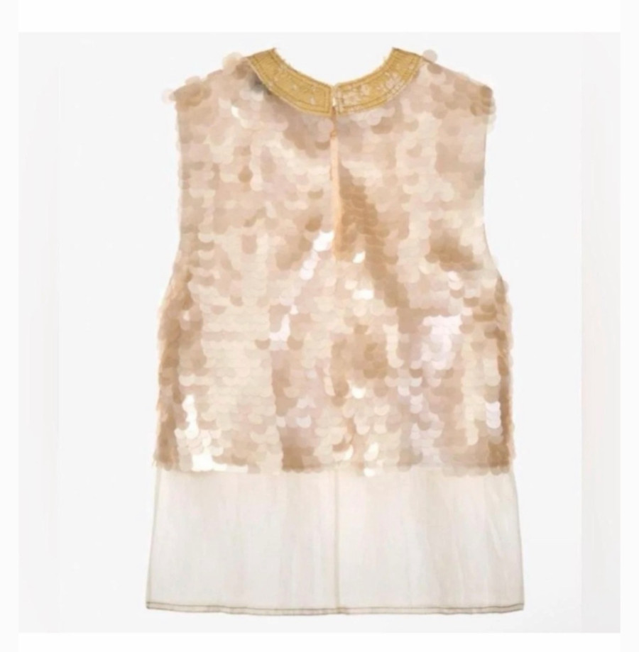 Zara Sleeveless Limited Edition Oyster-Cream Gause Gold Silk Sequin Top Blouse S
