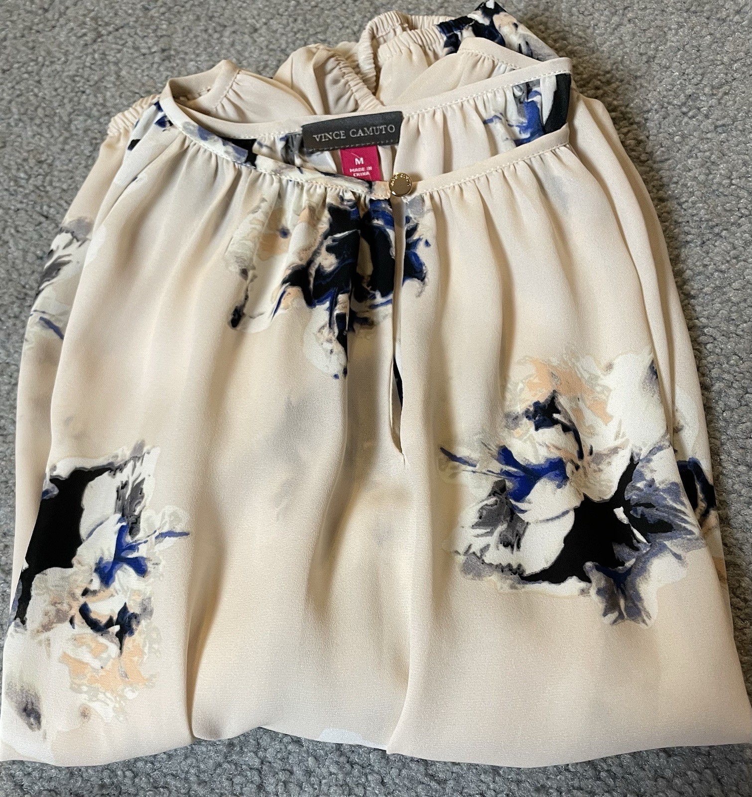 Vince Camuto Floral Blouse Women M Blush Navy Elastic Waist Cottagecore Career