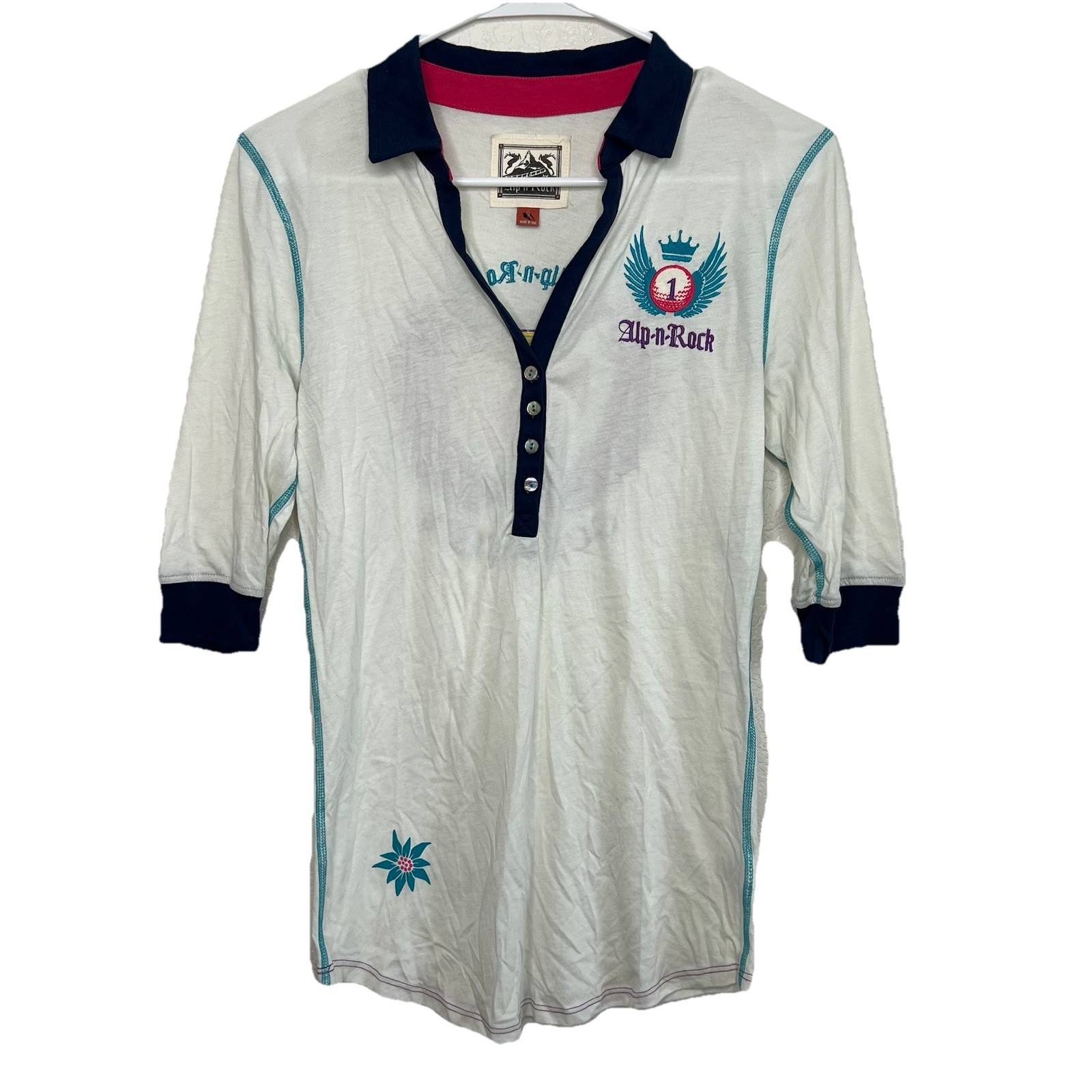 Alp N Rock Small Embroidered Polo Short Sleeve Golf Club Floral Top Y2K New Ac13
