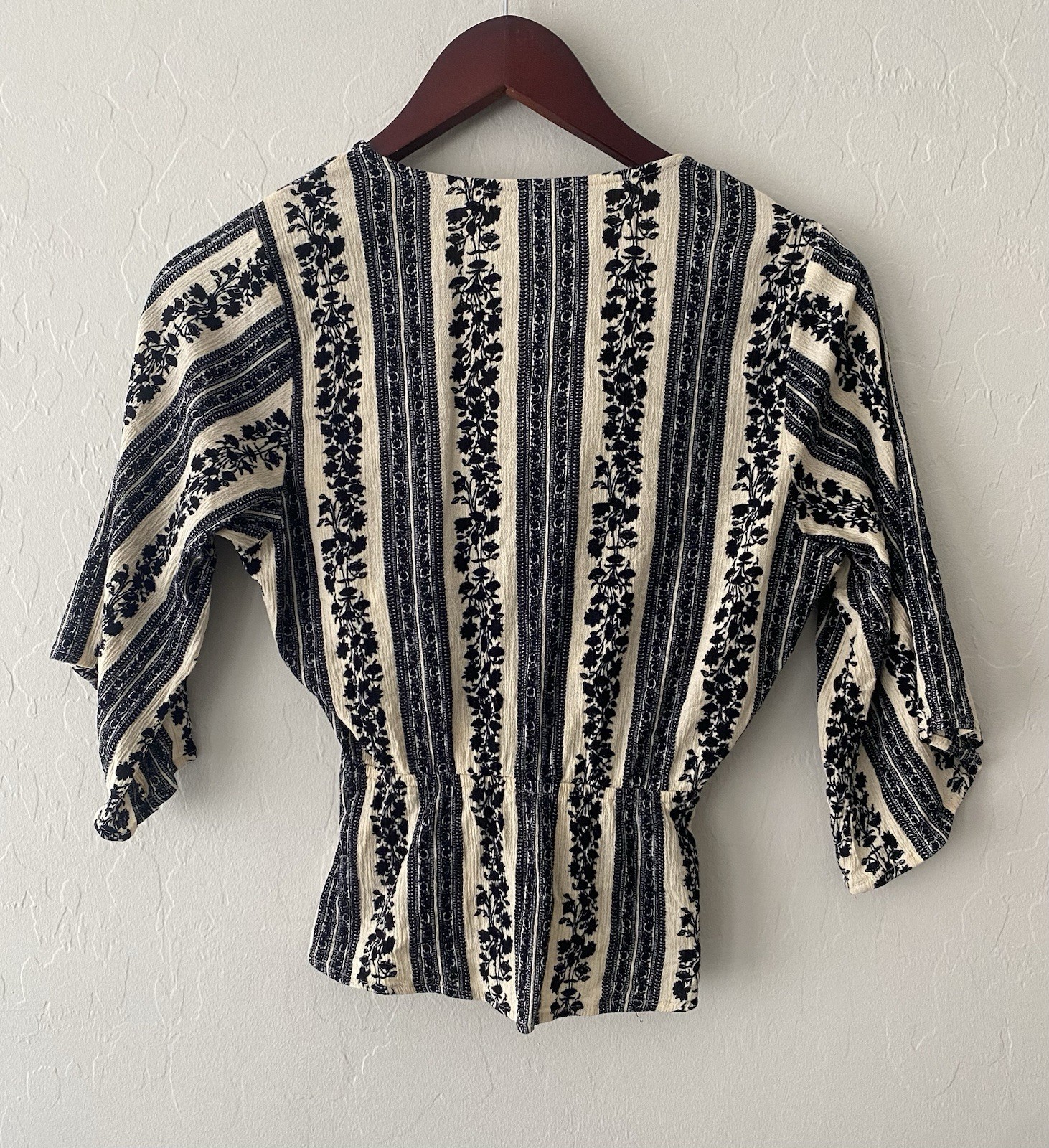 Blush & Day Black and Cream Striped Floral Wrap Blouse Size S