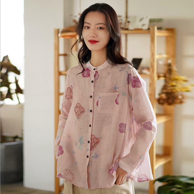 Women’s Ramie Outfit Cotton and Linen Shirt Loose Stand-Up Collar Lining Top