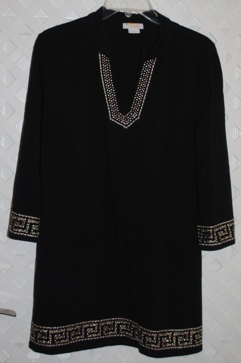 TIA Designs black studded tunic tee 3/4 sleeves 95% cotton 5% Spandex jersey L