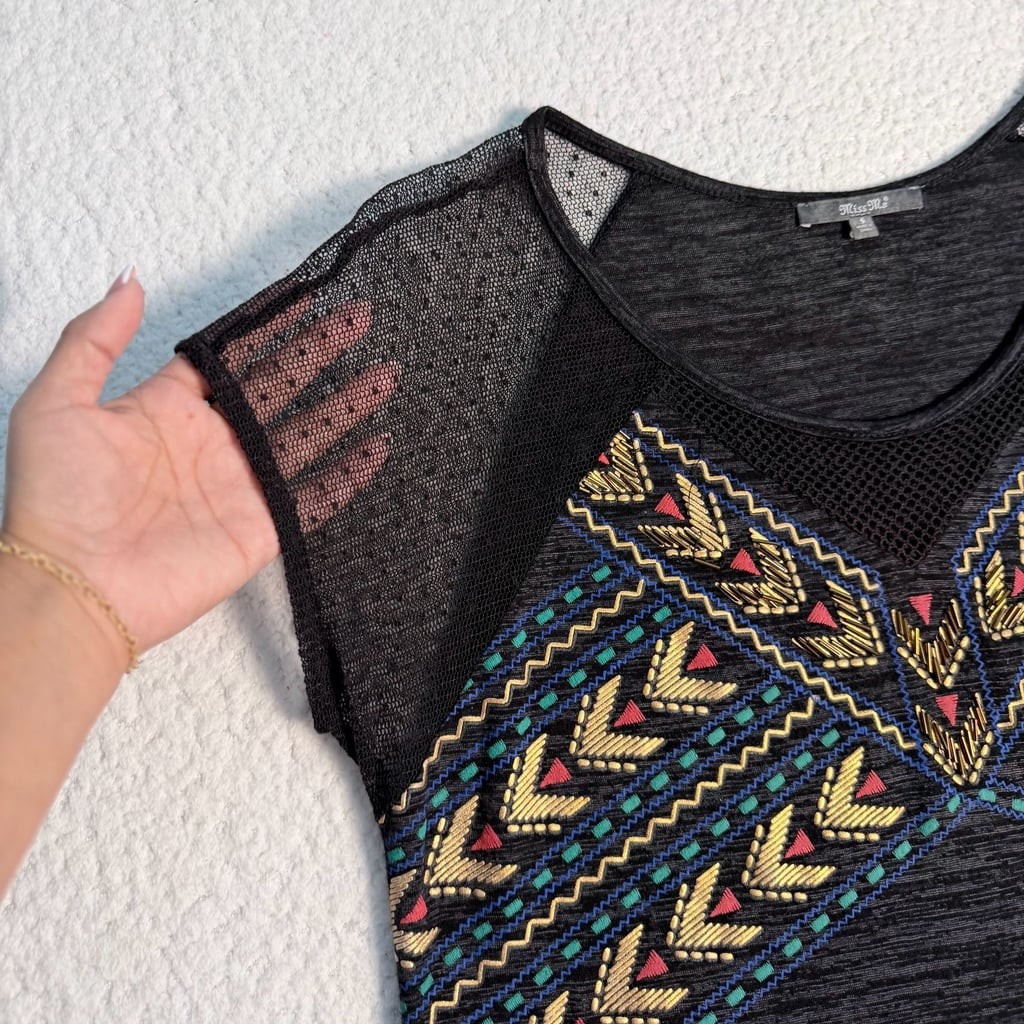 Miss Me Black Heathered Embroidered Beaded Mesh Shoulder Top