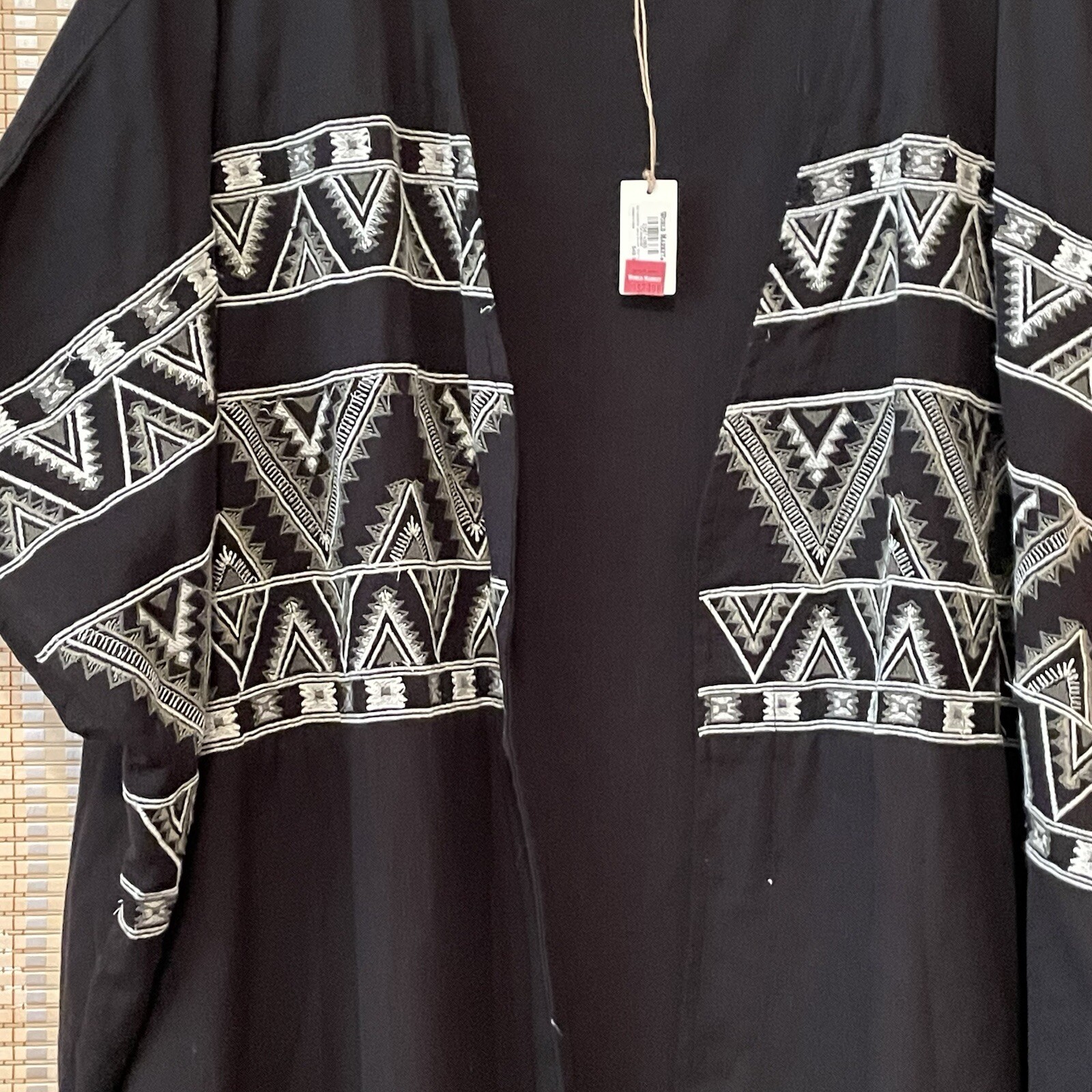 World Market Black & White Embroidered Kaftan Poncho Tribal Fringe Boho OSFM