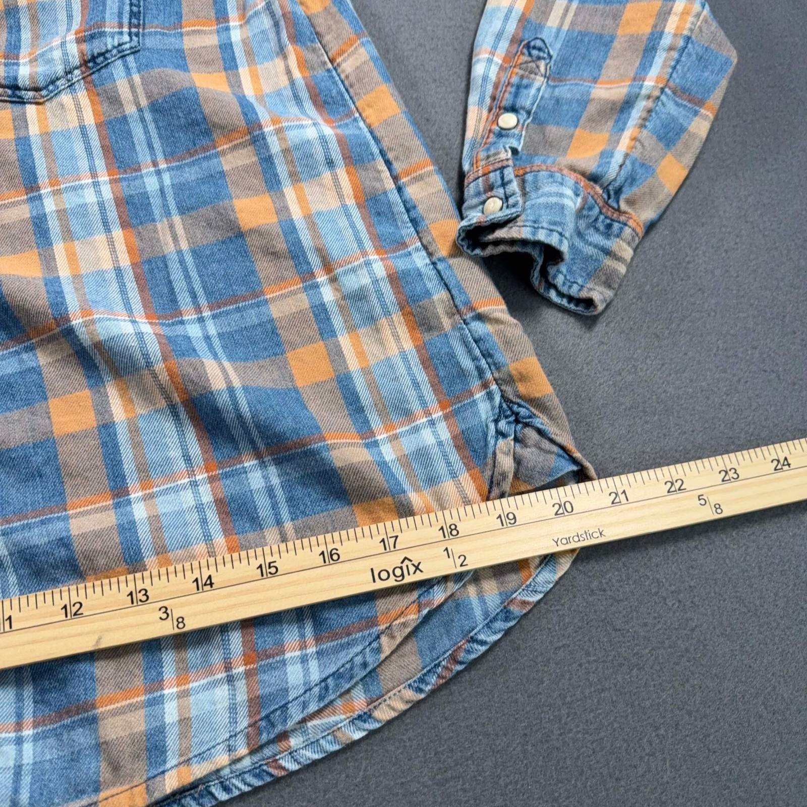 American Eagle Flannel Pearl Snap Shirt Womens M Blue Orange Plaid Boyfriend Fit