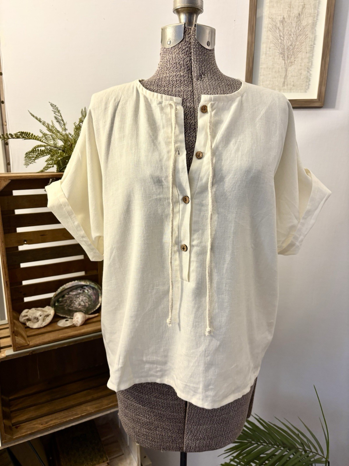 Emerson Fry Boho Ivory Button Shirt Caftan Top Organic Cotton One Size S, M, L
