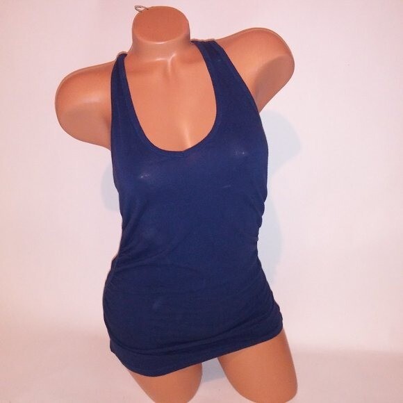 Ambiance Tank Top Large Navy Blue Solid Scrunch Sides Stretch Racerback Sleevele