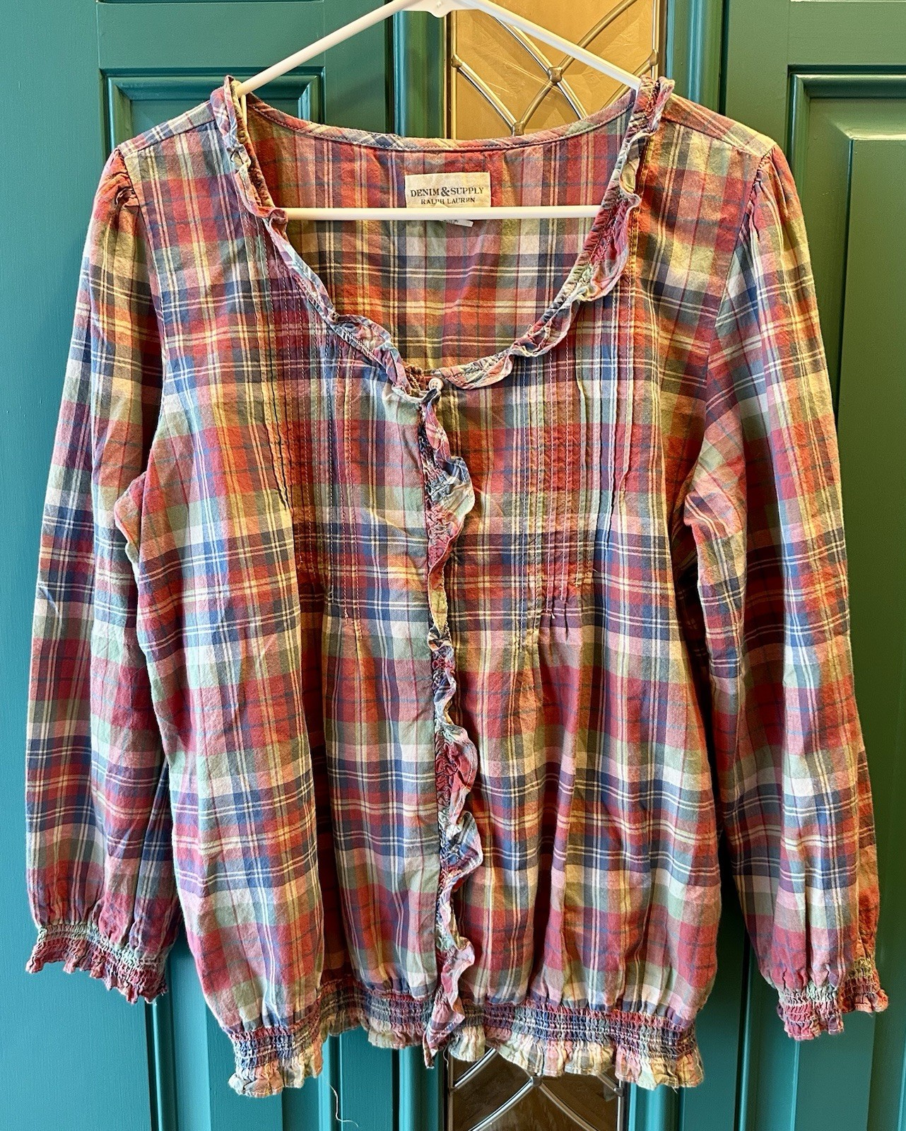 Denim Supply Ralph Lauren Plaid Ruffle Peasant Blouse Sz Large Smocked Hem Boho