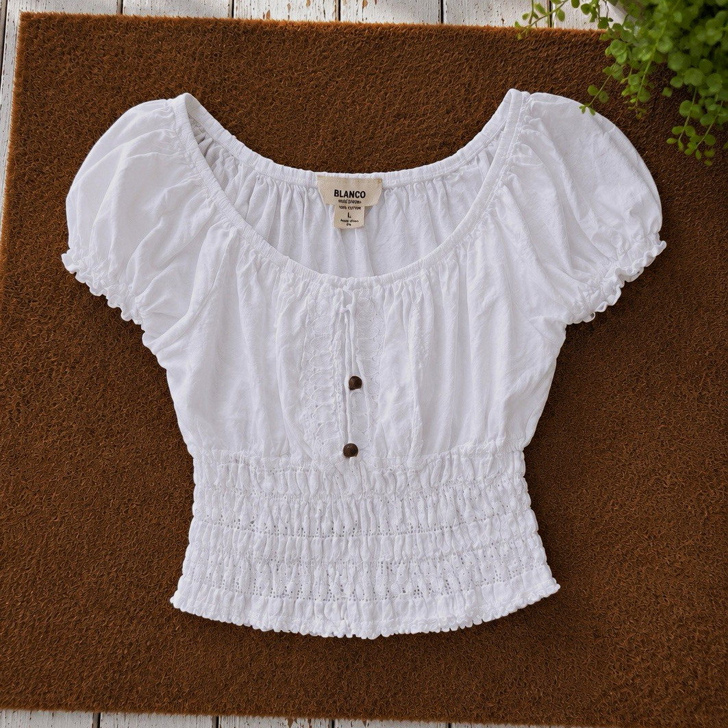 Blanco 100% Cotton White Smocked Peasant Crop Top Puff Sleeve Boho Women’s L