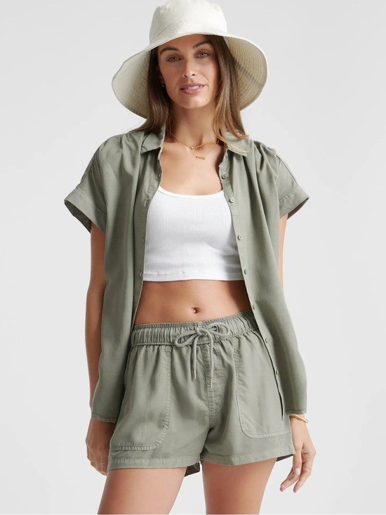 Quince Vintage Wash Tencel Camp Shirt Button Down In Olive Green Size S
