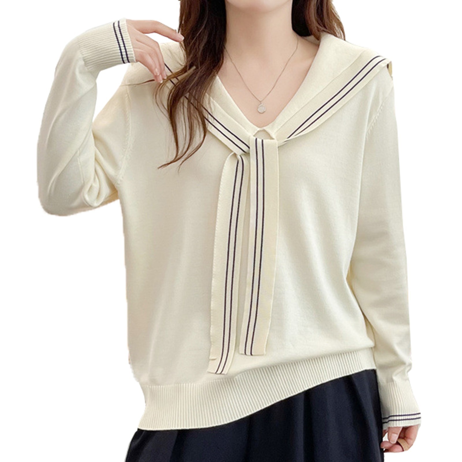 Women’s Sailor Collar Sweater Long Sleeve Striped Trim Knit Pullover Top XXL