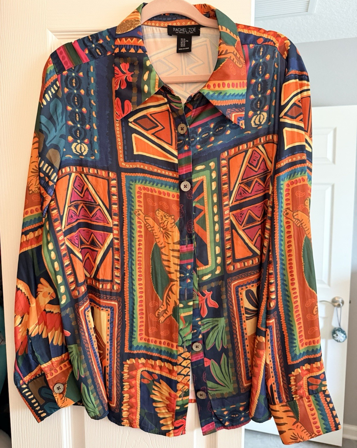 Rachel Zoe Women’s XL Regular Multicolor Geometric Collared Button-Up Top