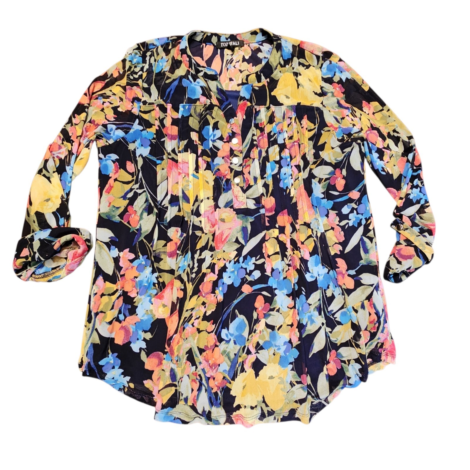 Roz & Ali Floral Boho Shirt 3/4 Sleeve Lined Pleated Blouse Fall Trends Office L