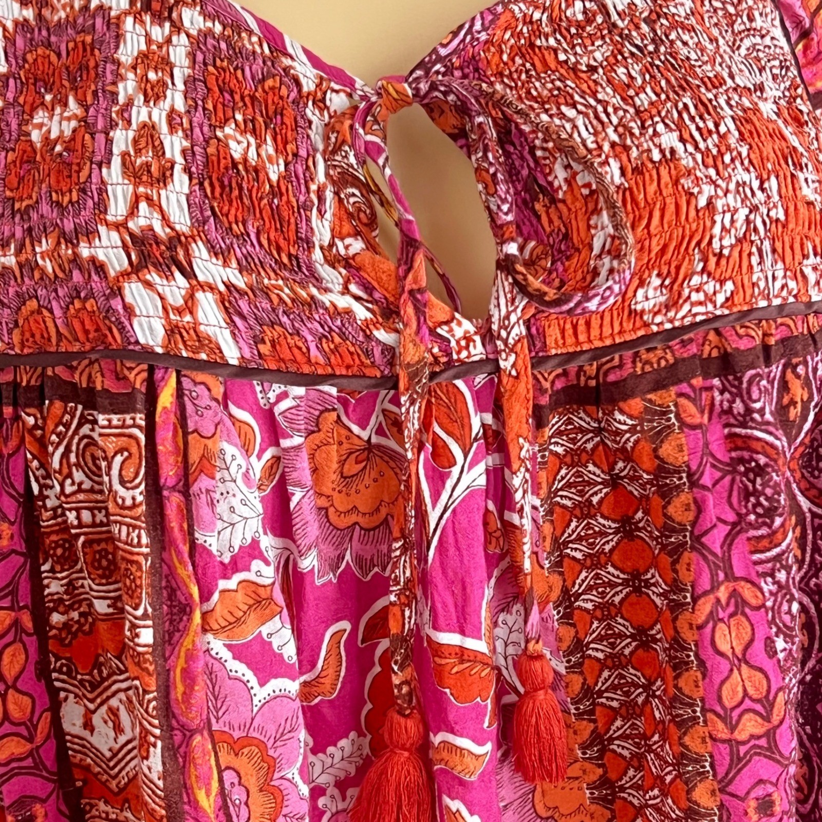 Boho Patchwork Peasant Blouse Womens Sz S Paisley Orange Pink Tassel Cottage