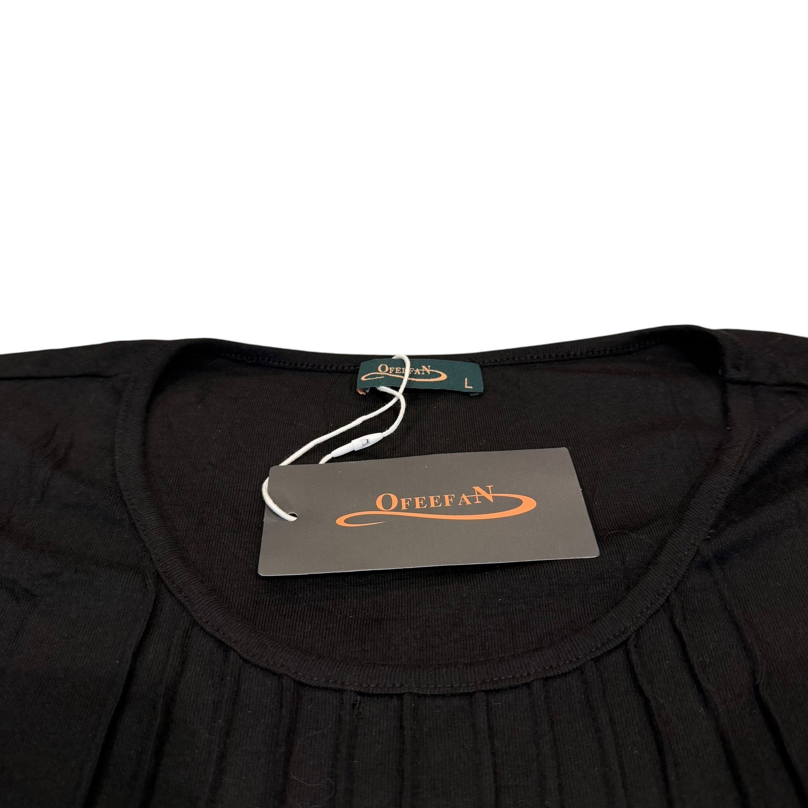 Ofeefan Black Pintuck Pleated Long Sleeve Blouse Curved Hem Crew Neck Top Large