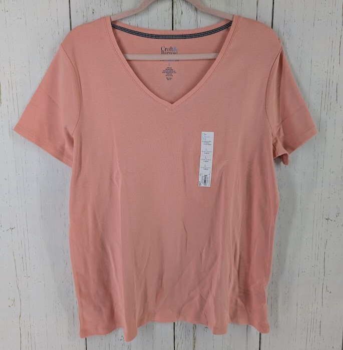 Croft Barrow Size Large The Classic Tee Peach V Neck Short Sleeve Casual Top NWT