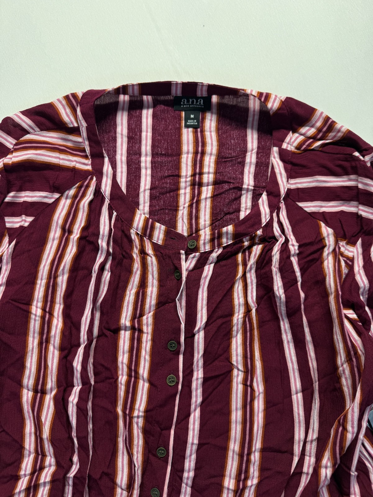 A.N.A Blouse Top Womens Medium Maroon Multi Striped Front Tie Hem Button Front