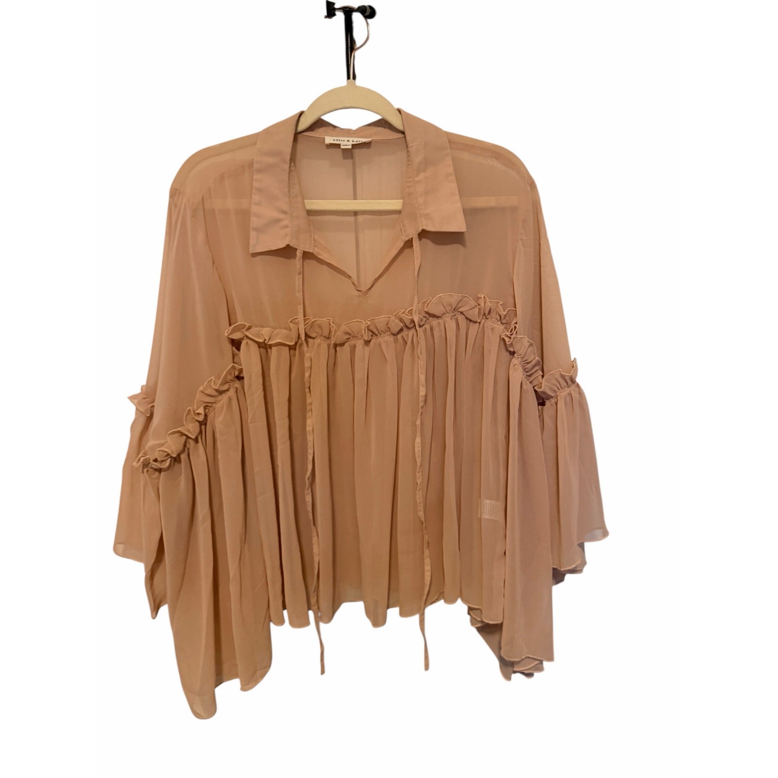 Ellie & Kate Women’s Small Light Pink Sheer Long Sleeve Tasseled Collar Blouse
