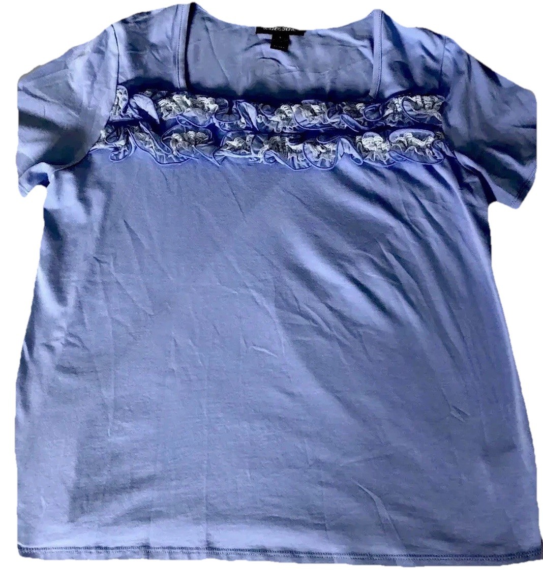 Designers Original Cornflower Blue Top Appliqued Flowers Stretch Size L NEW