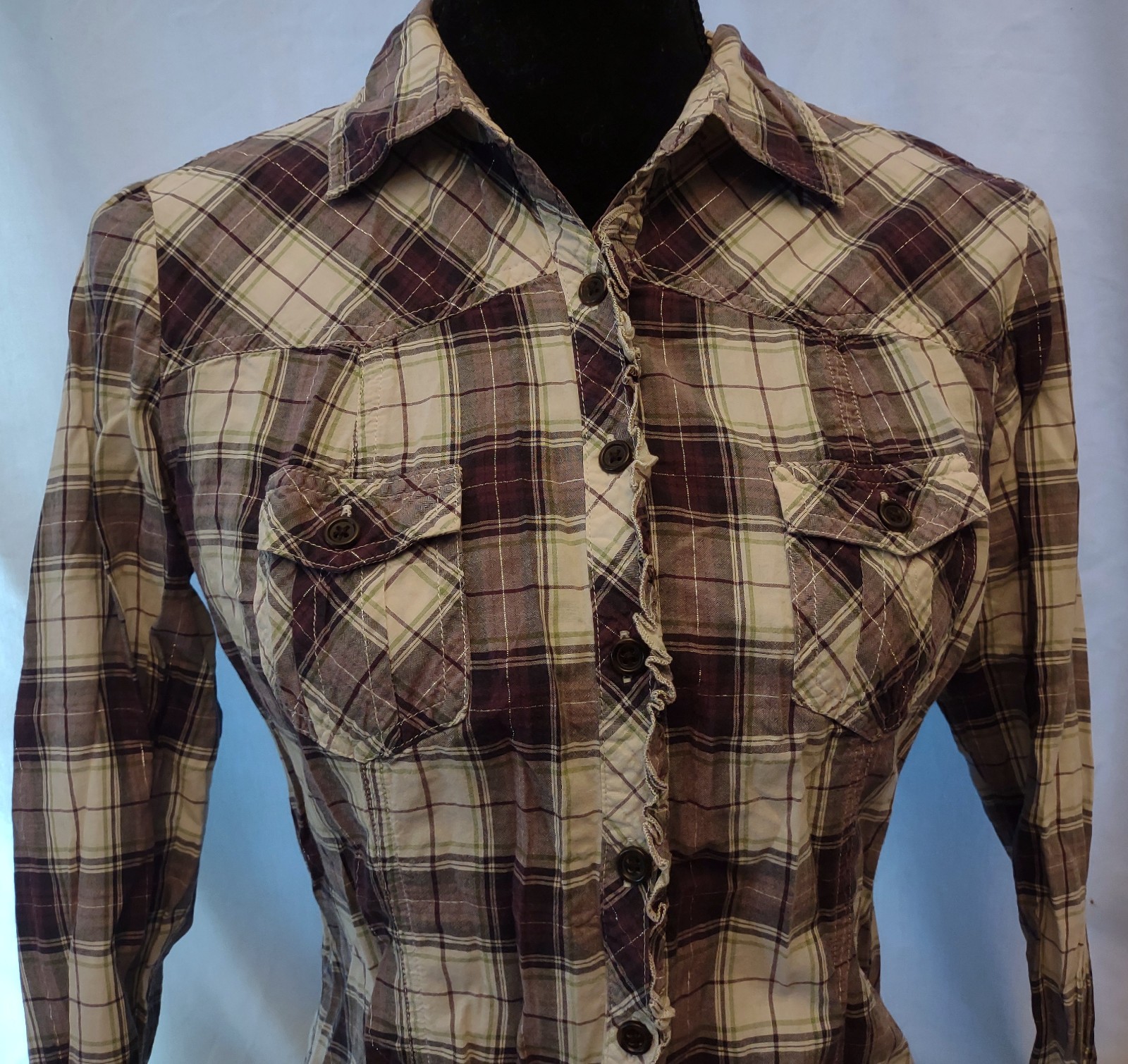 GAP Plaid/Button/Collar/Western Light-Weight Shirt–Purple/White/Silver–Medium