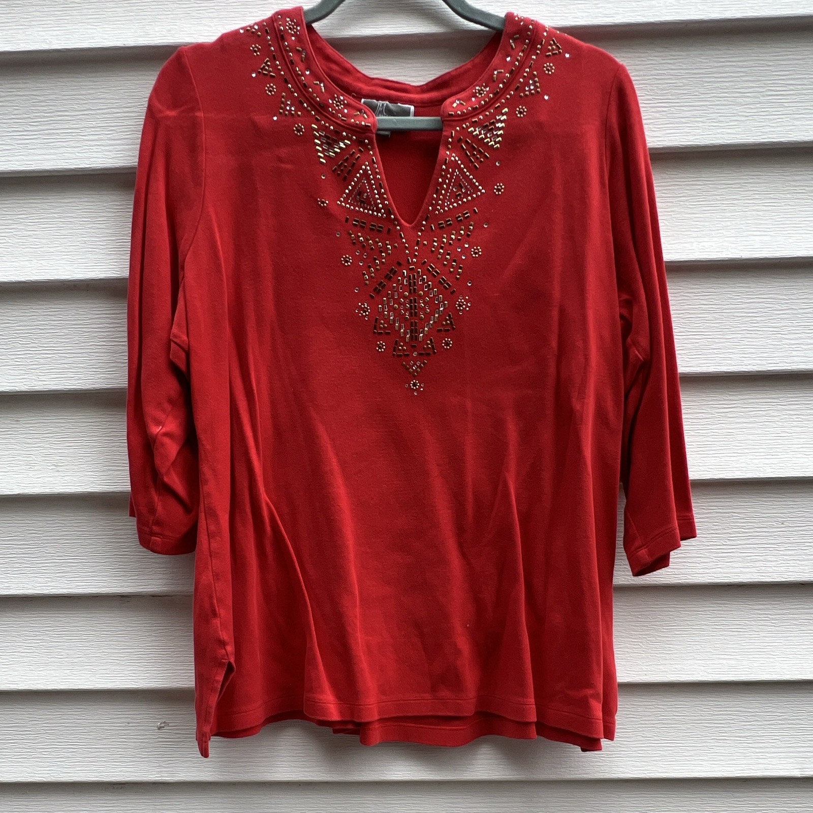 JM Collection Red Solid Studded V-Neck 3/4 Sleeve Pullover Top Size 1X