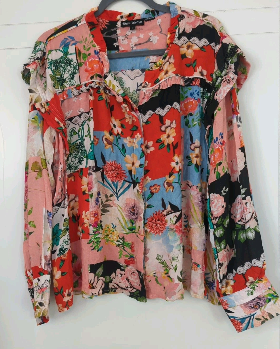 Floral Patchwork Blouse L Ruffle Button Up Long Slv Colorful Artsy Art To Wear