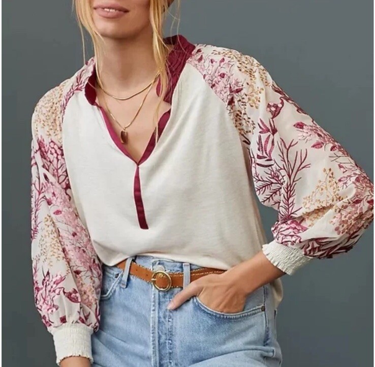 Anthropologie Tiny Floral Heavily Embroidered Bishop Puff Sleeve Boho Shirt XS
