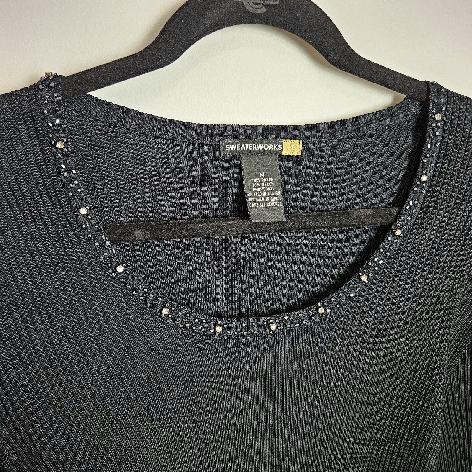 Sweaterworks Women’s Sz M Embellished Top Ribbed Sleeve Cuff Detail Black Blouse