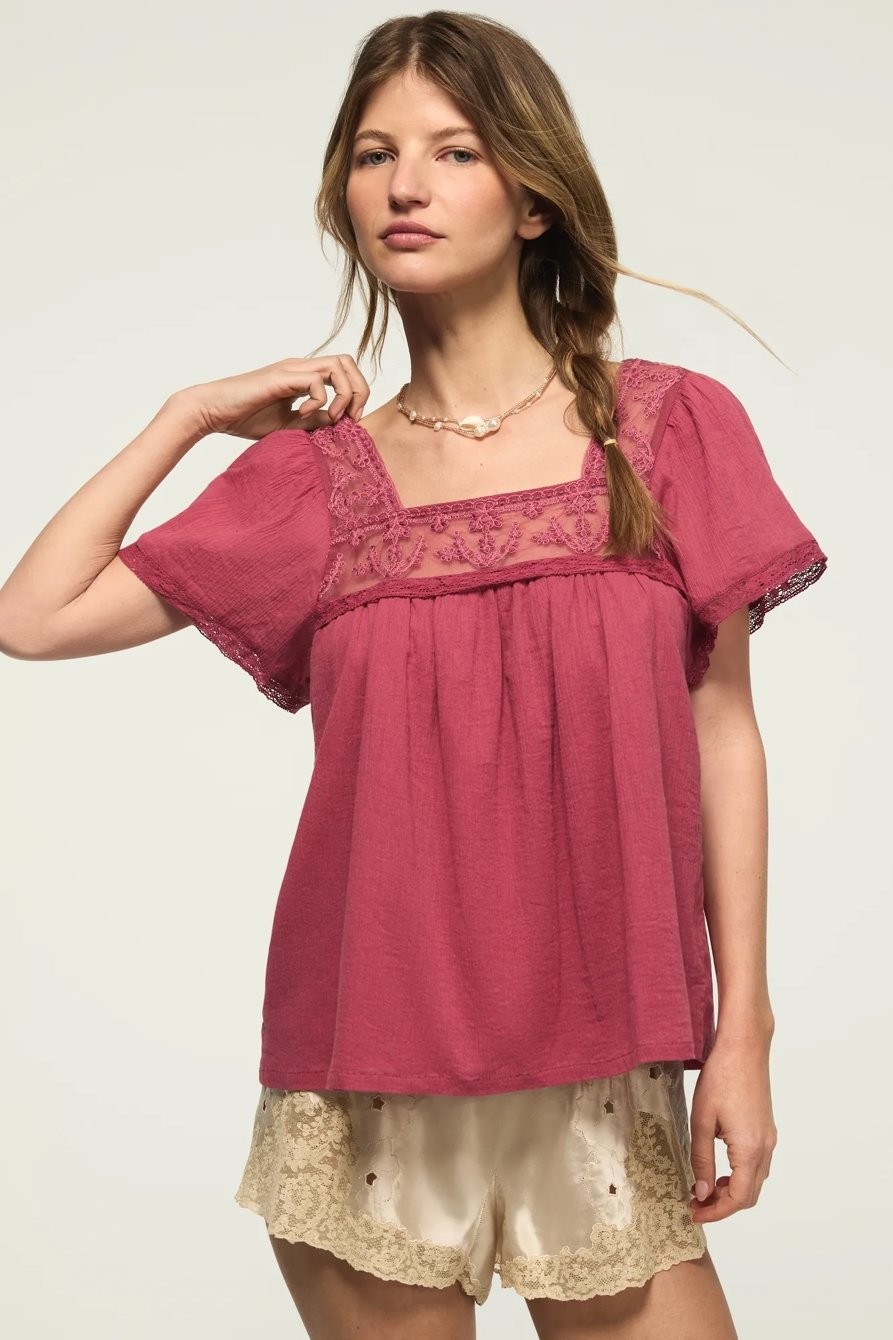 Lucky Brand Mesh Lace Square Neck Blouse Rose Wine Pink Women’s Large L